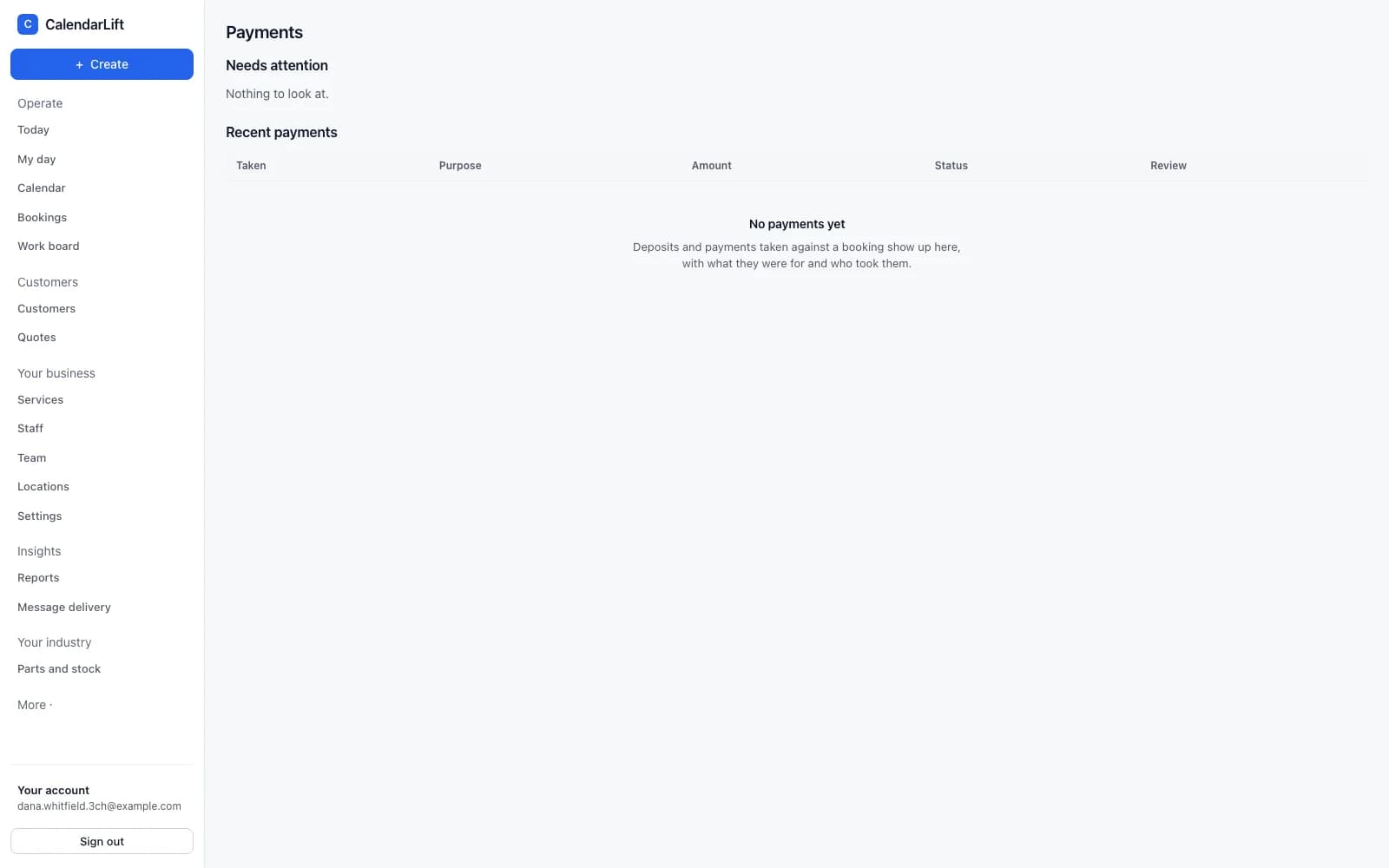 Payments in CalendarLift showing what has been taken, what is outstanding and what needs attention.