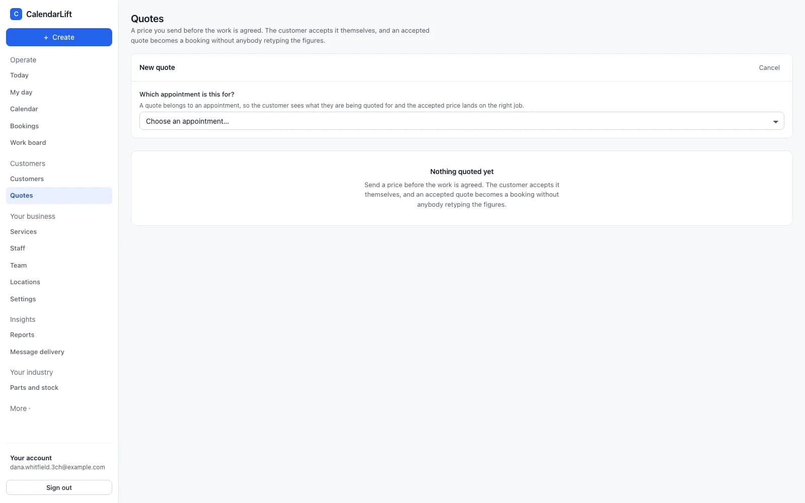 The quotes list in CalendarLift, showing each quote’s reference, customer, total and status.
